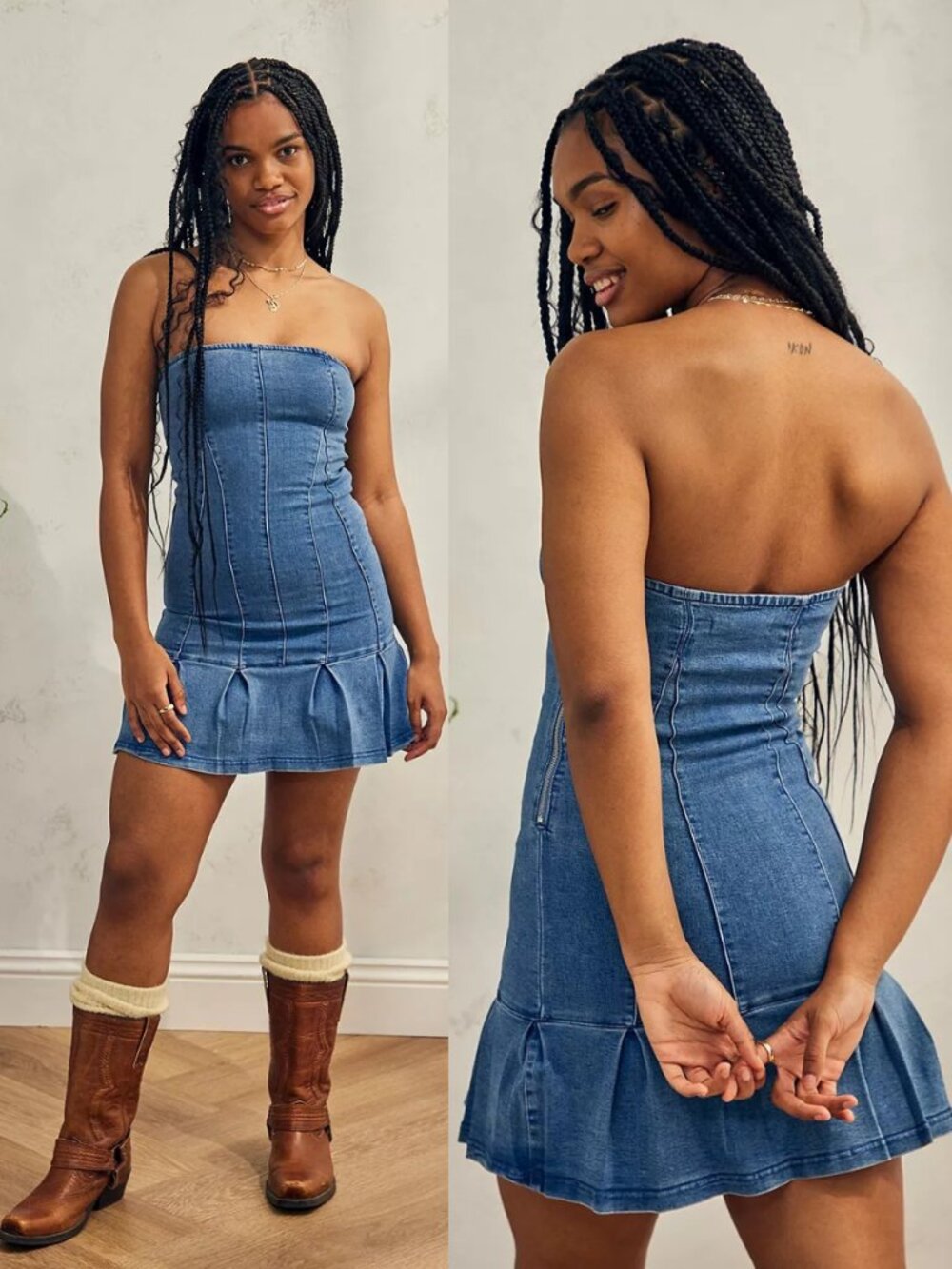 Urban Outfitters Brandi Strapless Pleated Hem Denim Mini Dress Blue Womens Small